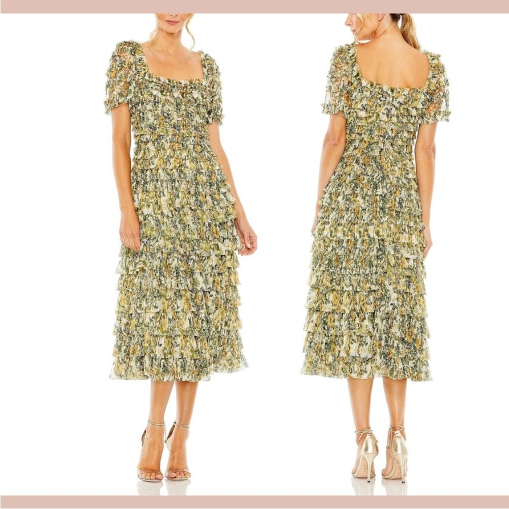 Elegant Green Floral Tiered Midi Dress